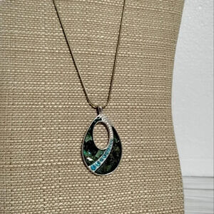 KC Pendant Necklace Aqua Blue Green Swirl Resin Crystals Teardrop Silver Tone